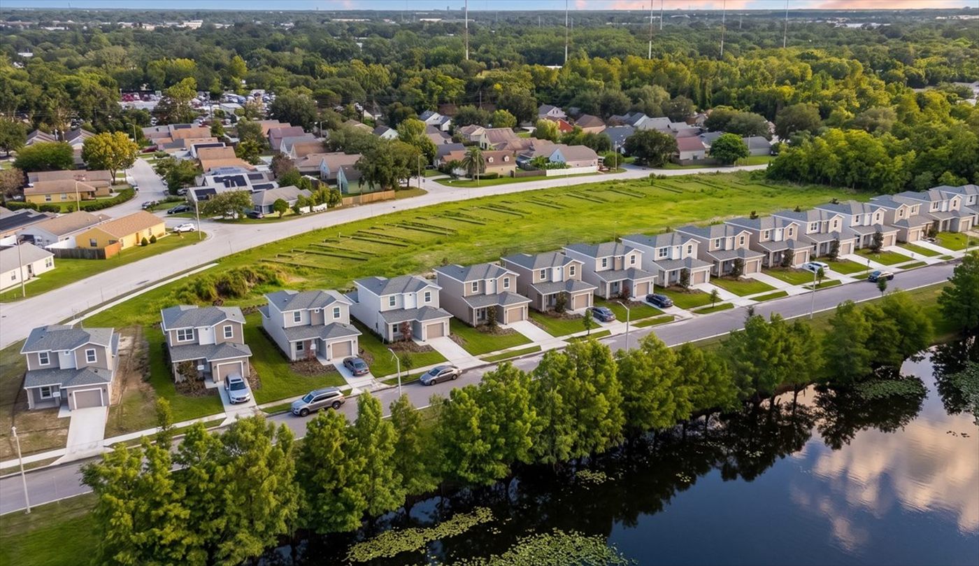 Aerial view of the Vista Lago Homes community at sunset, with rows of houses along a lake