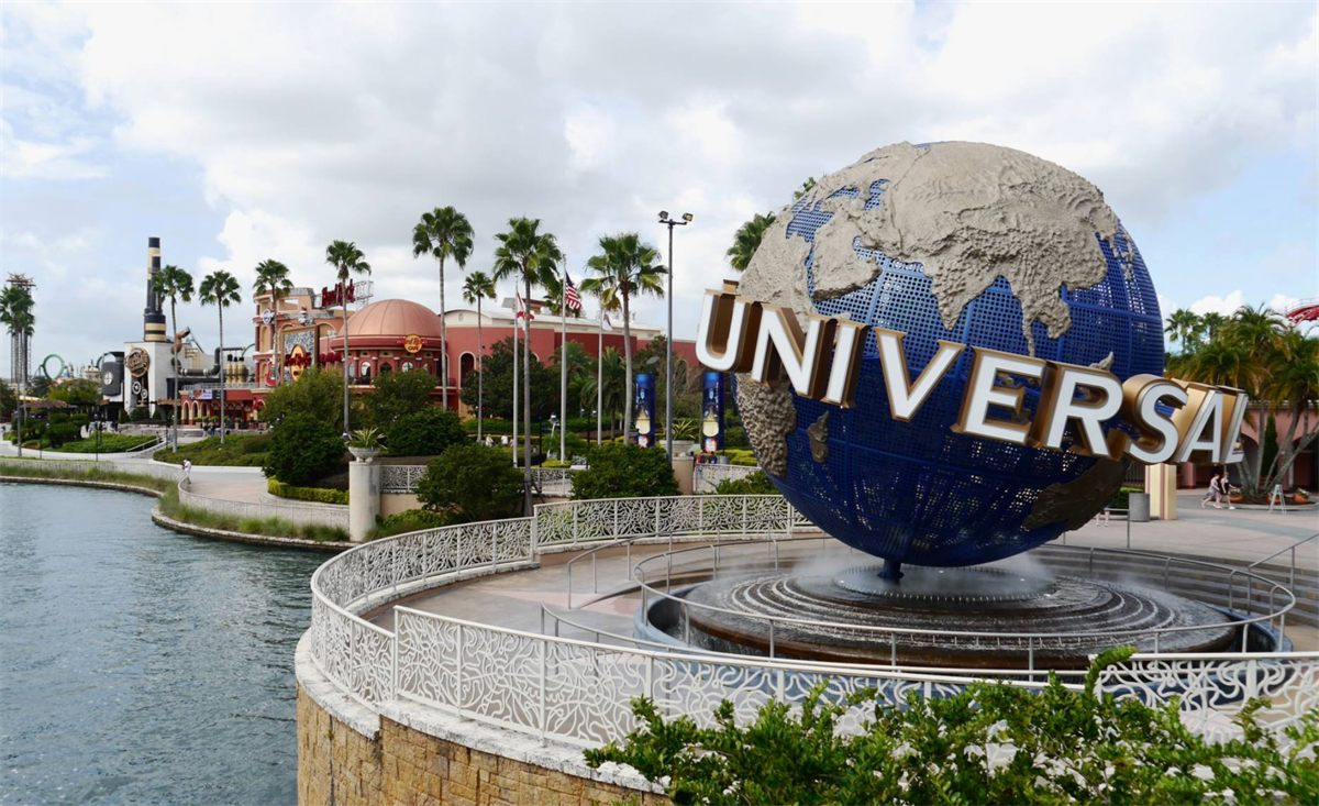 Universal Studios globe surrounded by palm trees in Orlando